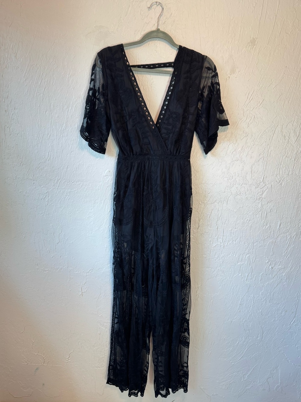Honey Punch Black Lace V‑Neck Jumpsuit